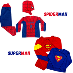 Two costume outfits, one labeled 'Spiderman' in red and blue with a Spiderman logo, and one labeled 'Superman' in red and yellow with a Superman shield logo. Both outfits have the text 'SUPERMAN' on the front.