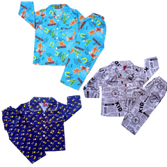 A set of kids' nightwear consisting of two long-sleeved shirts with patterns and one pair of pants with a patterned design, presented in random colors.