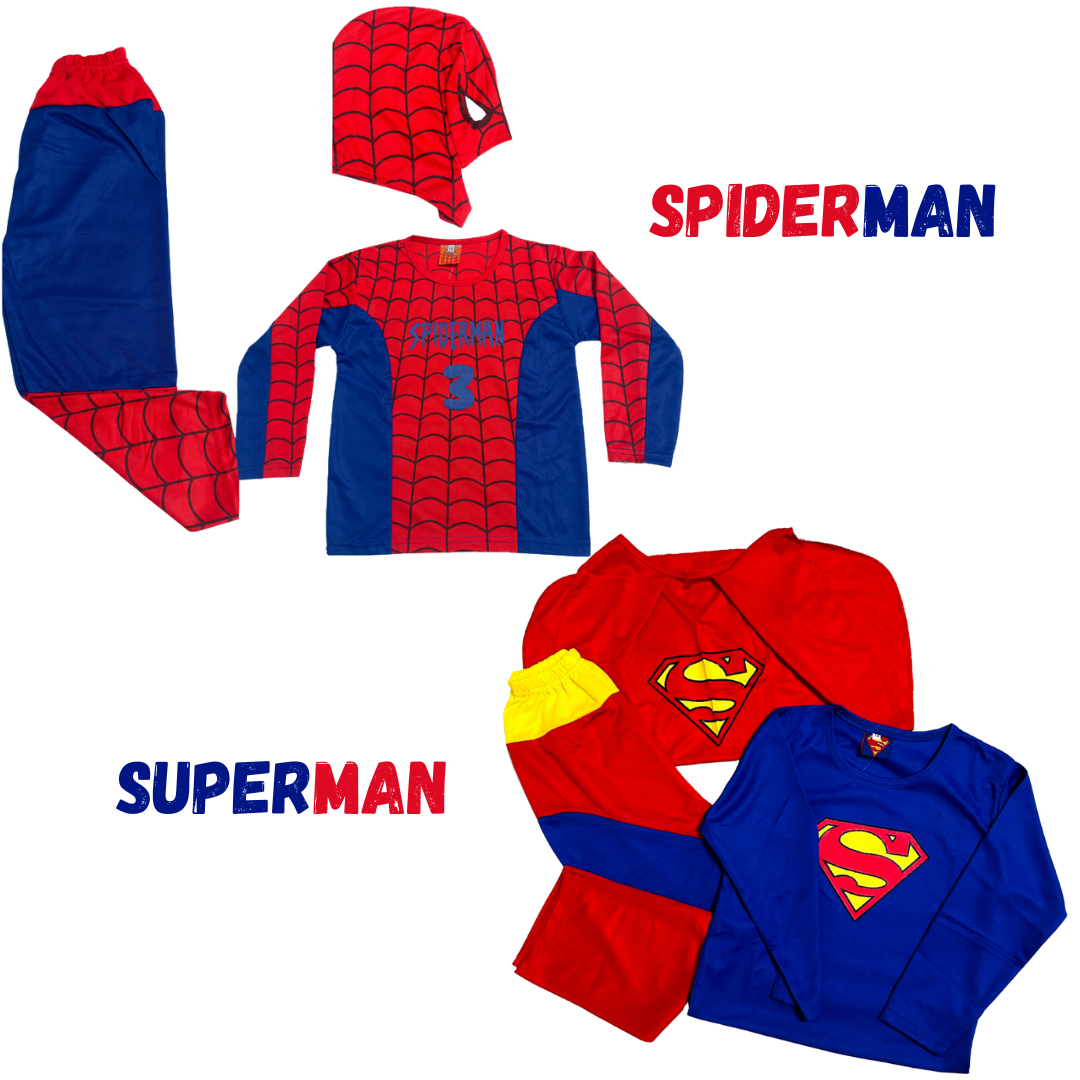 Two costume outfits, one labeled 'Spiderman' in red and blue with a Spiderman logo, and one labeled 'Superman' in red and yellow with a Superman shield logo. Both outfits have the text 'SUPERMAN' on the front.
