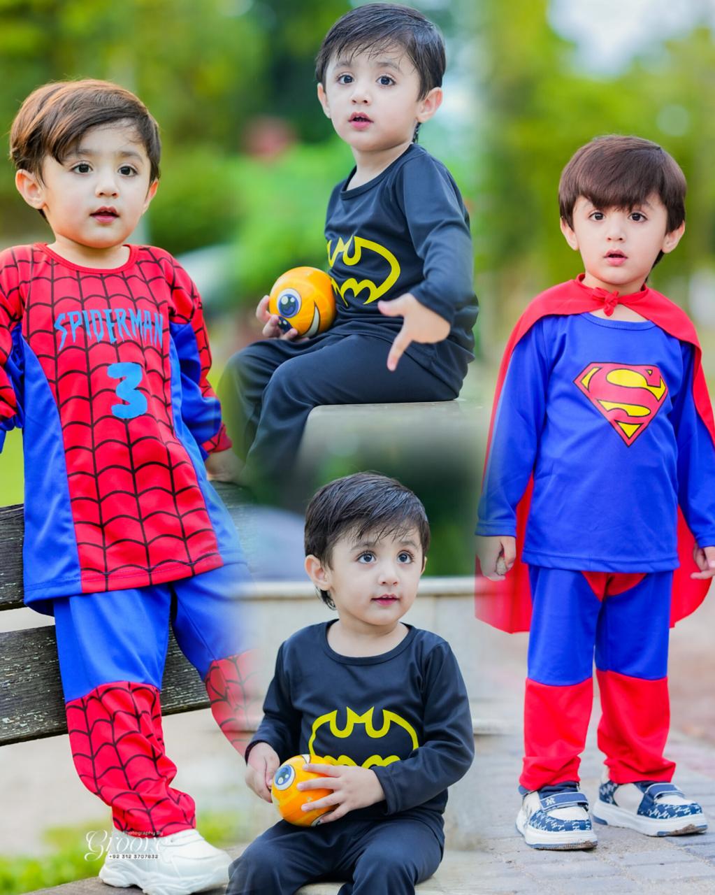3 superheroes costume pack for kids – includes Spiderman, Batman, and Superman outfits, perfect for playtime and birthday gift